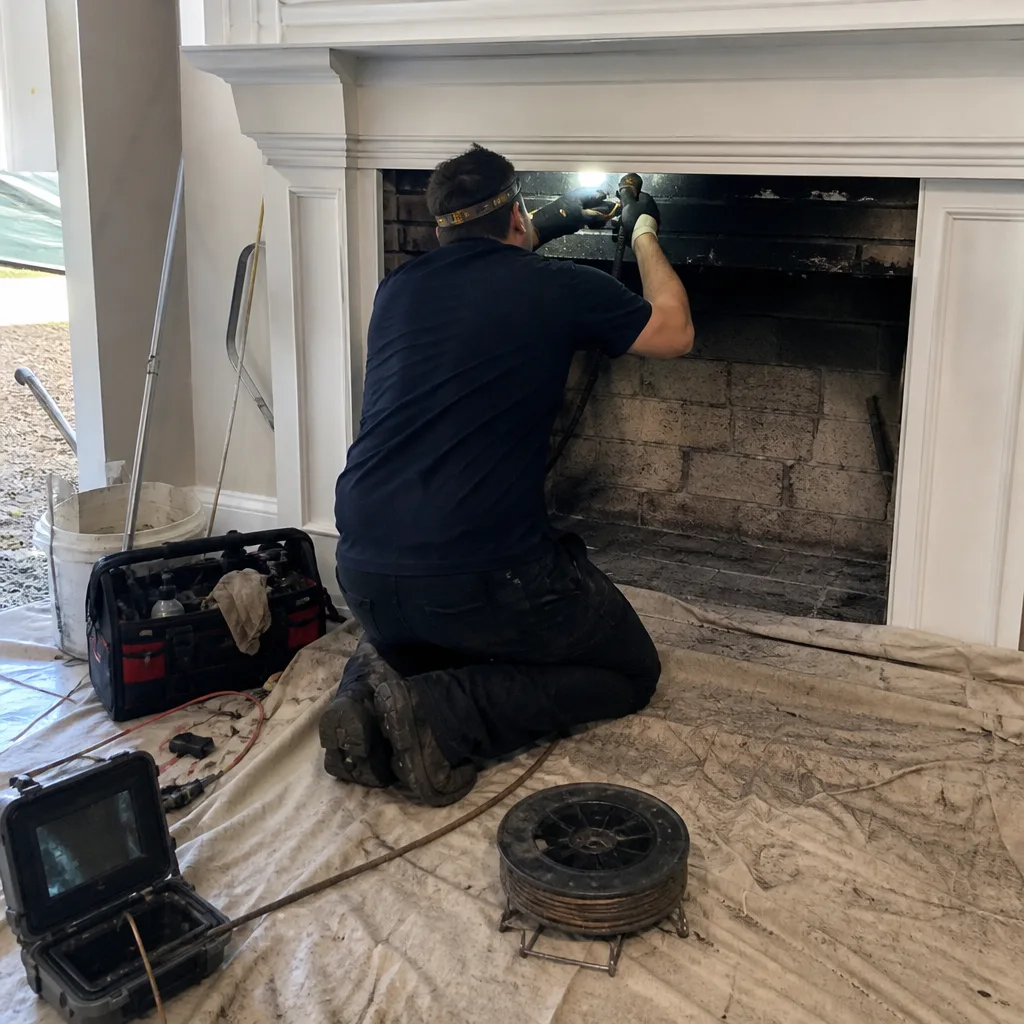 Professional chimney technician performing a detailed fireplace inspection