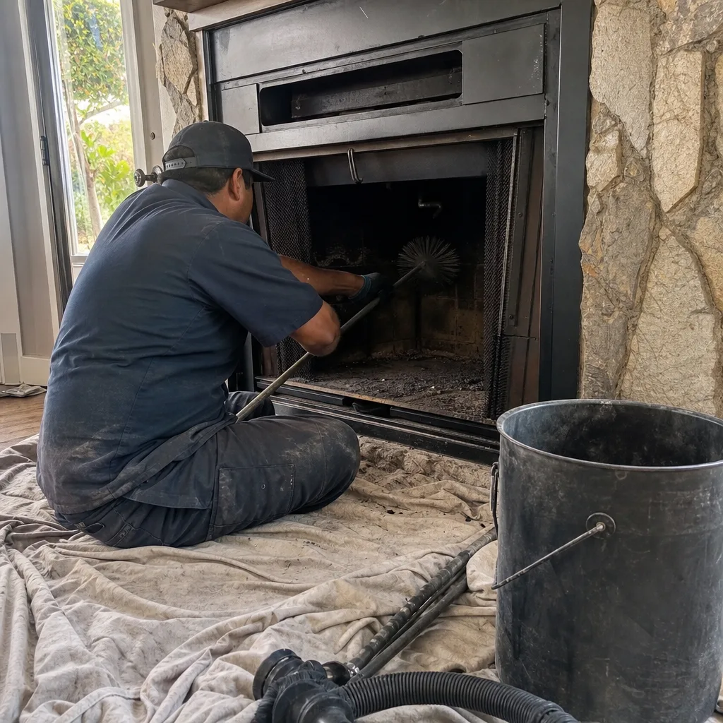 Professional chimney sweep cleaning a fireplace with a brush