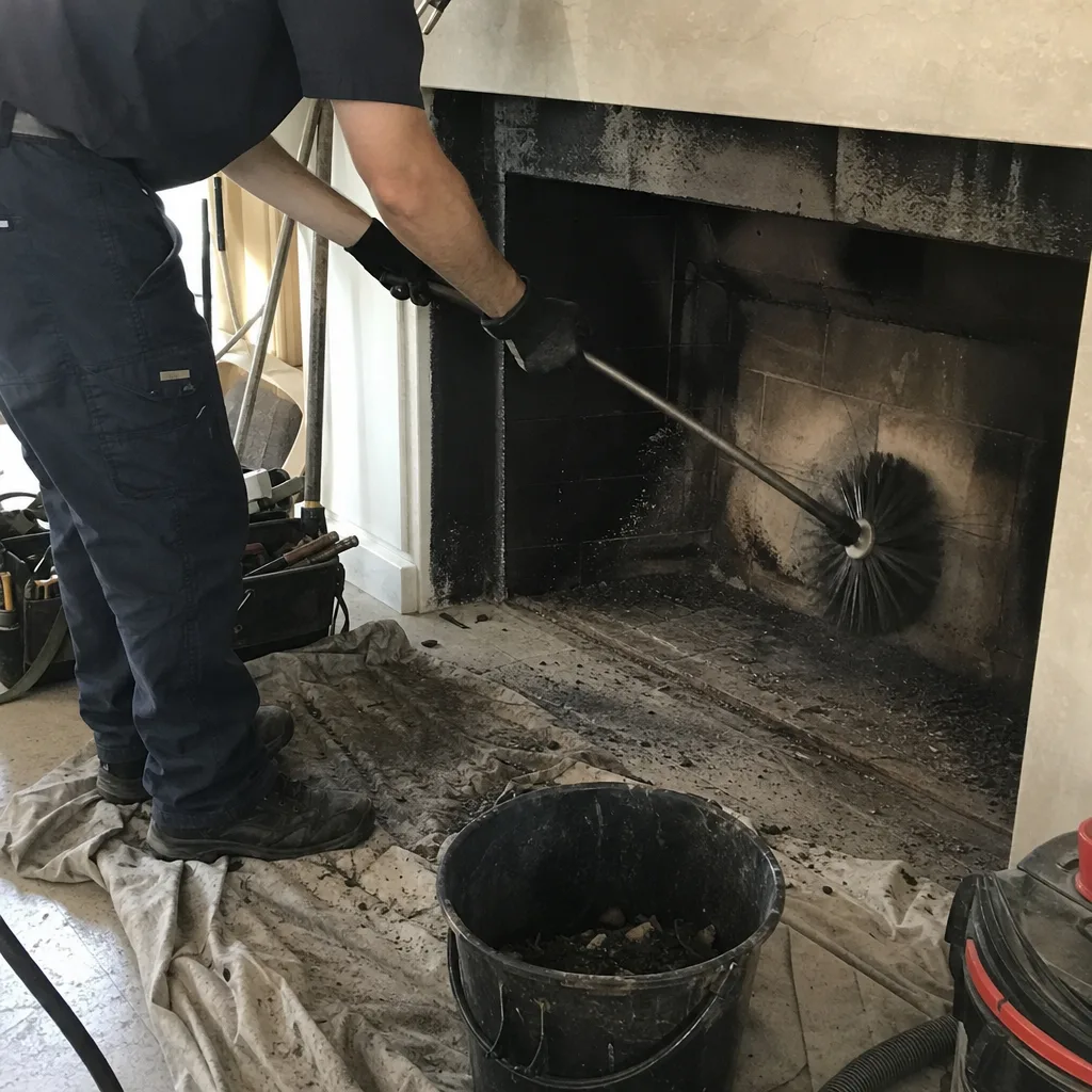 Professional chimney sweep cleaning a brick fireplace with a wire brush