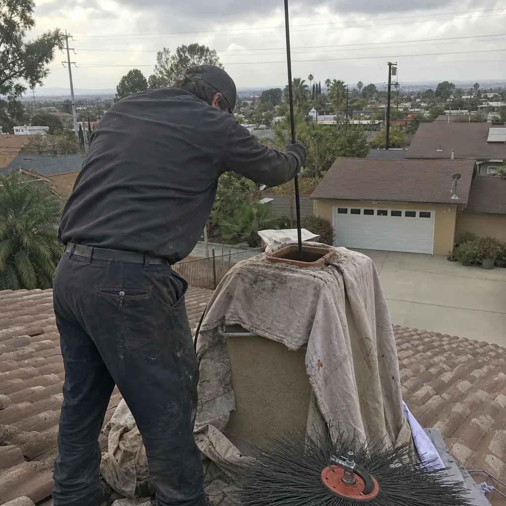 Professional chimney sweep cleaning a chimney stack from a residential roof