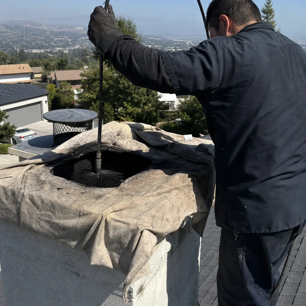 Professional chimney sweep performing gas fireplace maintenance and cleaning on a roof